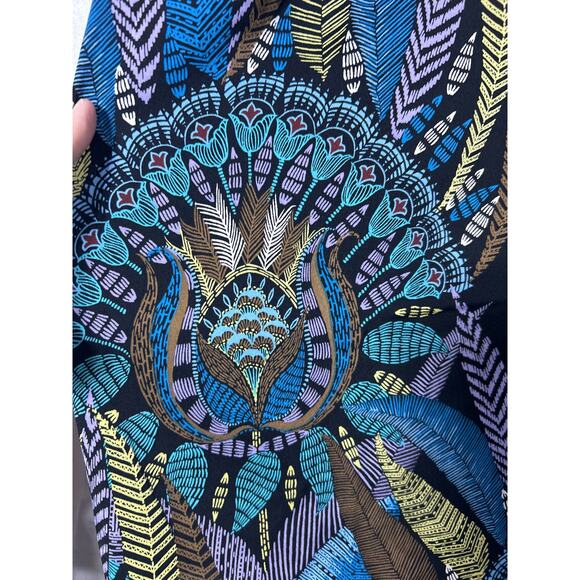 Bob Mackie Top 2X Black Blue Purple Feather Print 1/2 Zip Satin Tribal Peacock - Picture 5 of 10